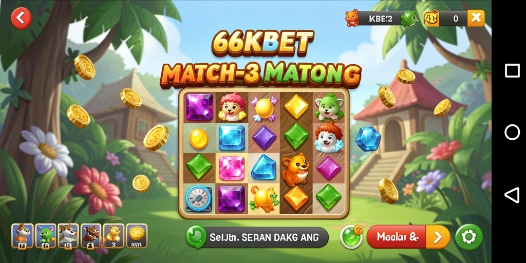 Screenshot gameplay 66KBET menunjukkan tantangan Match-3 yang menarik.