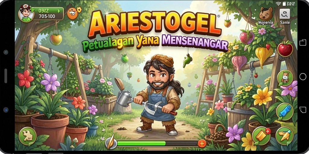 Screenshot gameplay ARIESTOGEL menampilkan ladang yang indah dan tanaman.