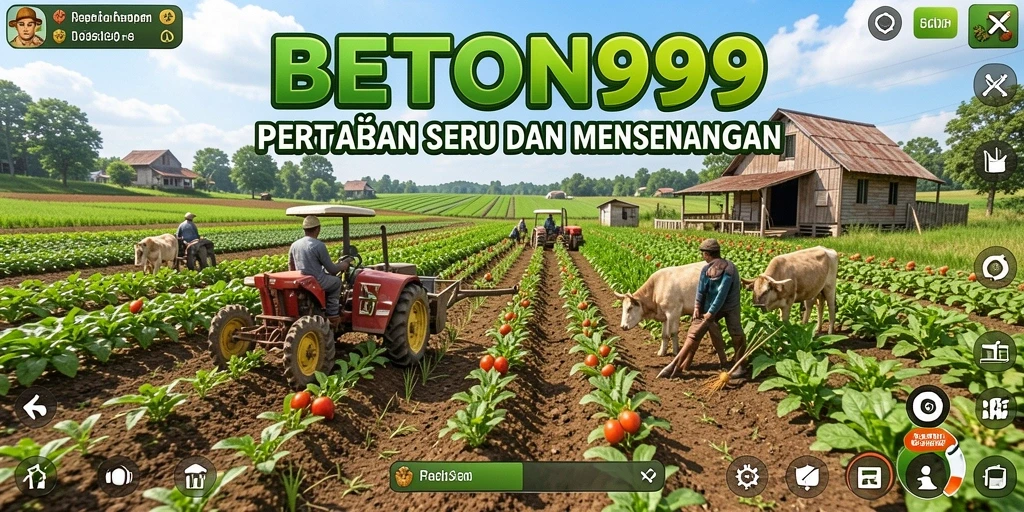Screenshot gameplay BETON999 menampilkan ladang hijau yang subur dan hewan ternak yang sehat.