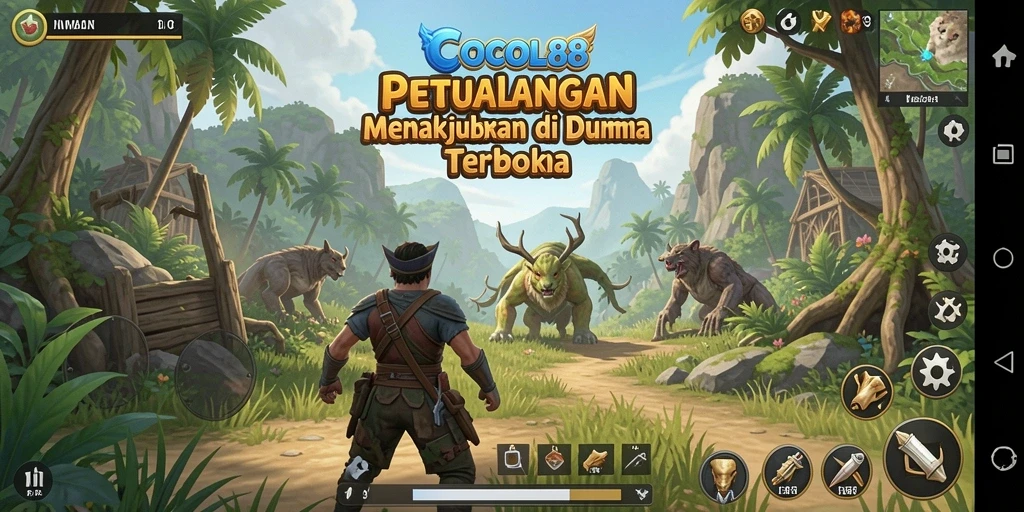 Screenshot gameplay COCOL88 yang menampilkan petualangan di dunia terbuka.
