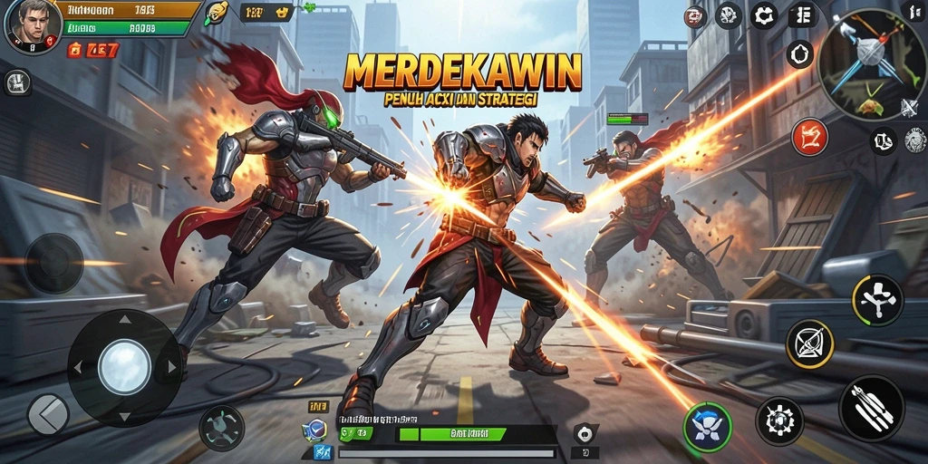 Screenshot MERDEKAWIN menampilkan karakter bertarung dengan efek visual yang menakjubkan.