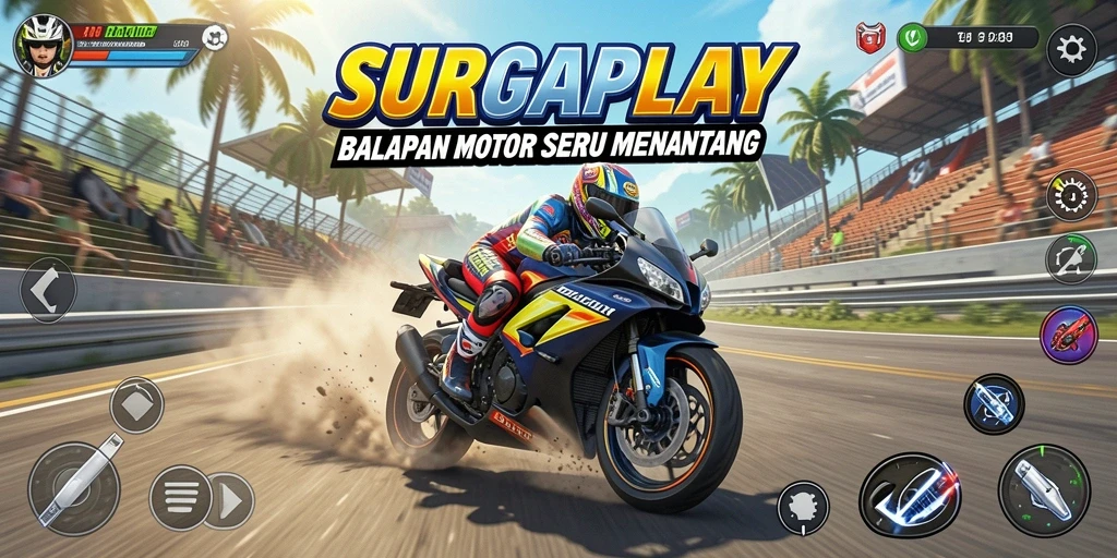 Screenshot dari gameplay SURGAPLAY menampilkan aksi balapan motor yang seru.