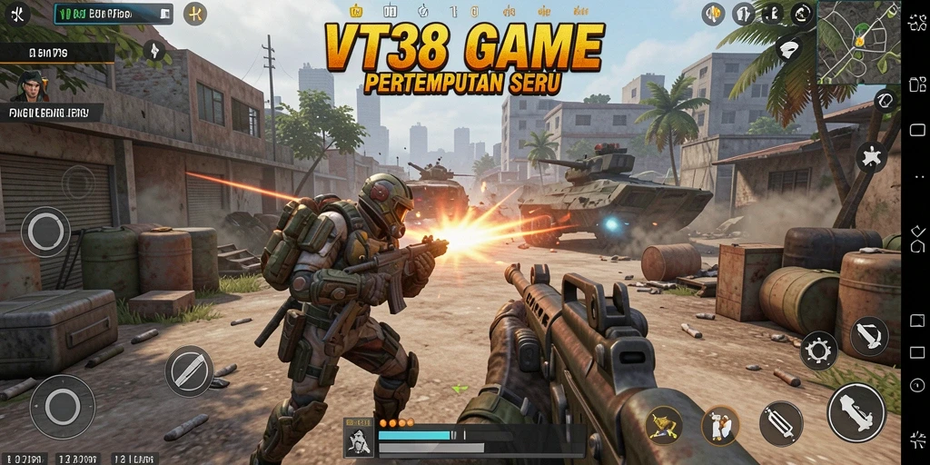 Screenshot utama VT38 menampilkan pertempuran intens di lingkungan yang realistis.
