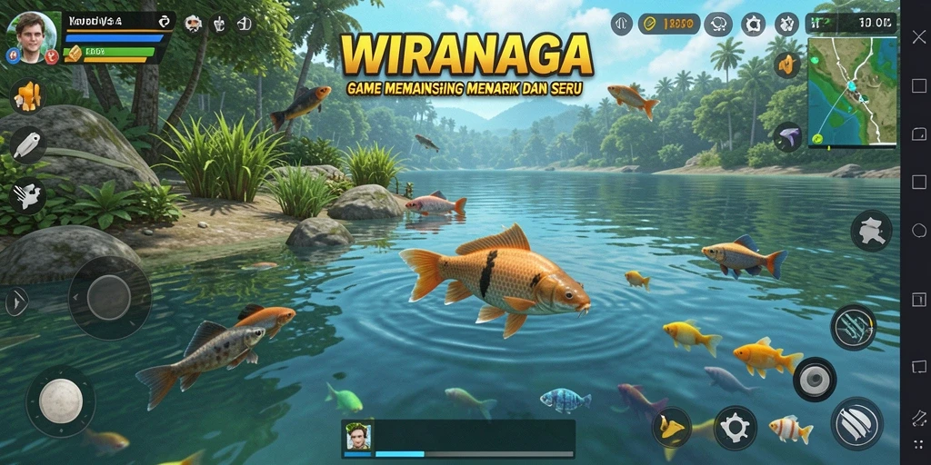 Screenshot permainan WIRANAGA menampilkan aktivitas memancing yang seru dan interaksi pemain.